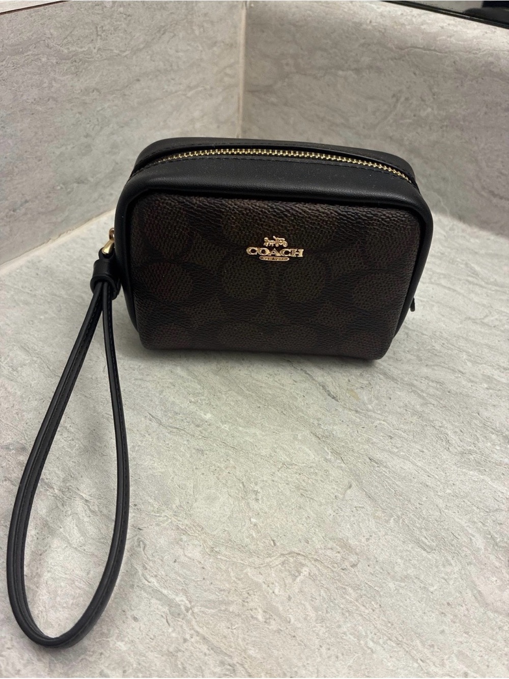 Coach Dark Brown Signature Canvas Wristlet with Black Trim